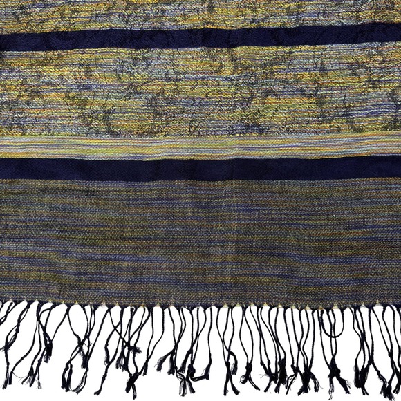 100% Pashmina Woven Scarf 70x27 Navy Multicolor Fringe - Picture 4 of 7